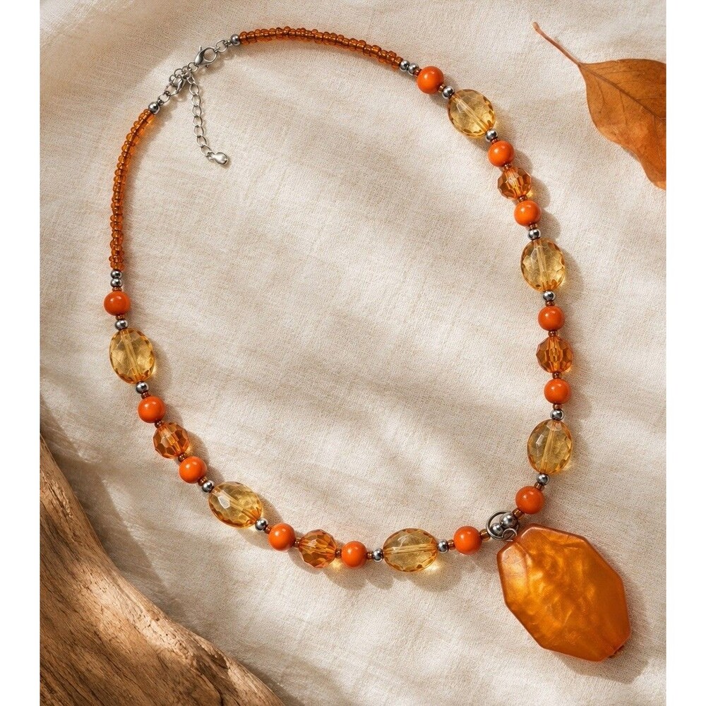 Vintage Y2K Orange Lucite Pendant Necklace Amber Beaded Statement Boho Jewelry